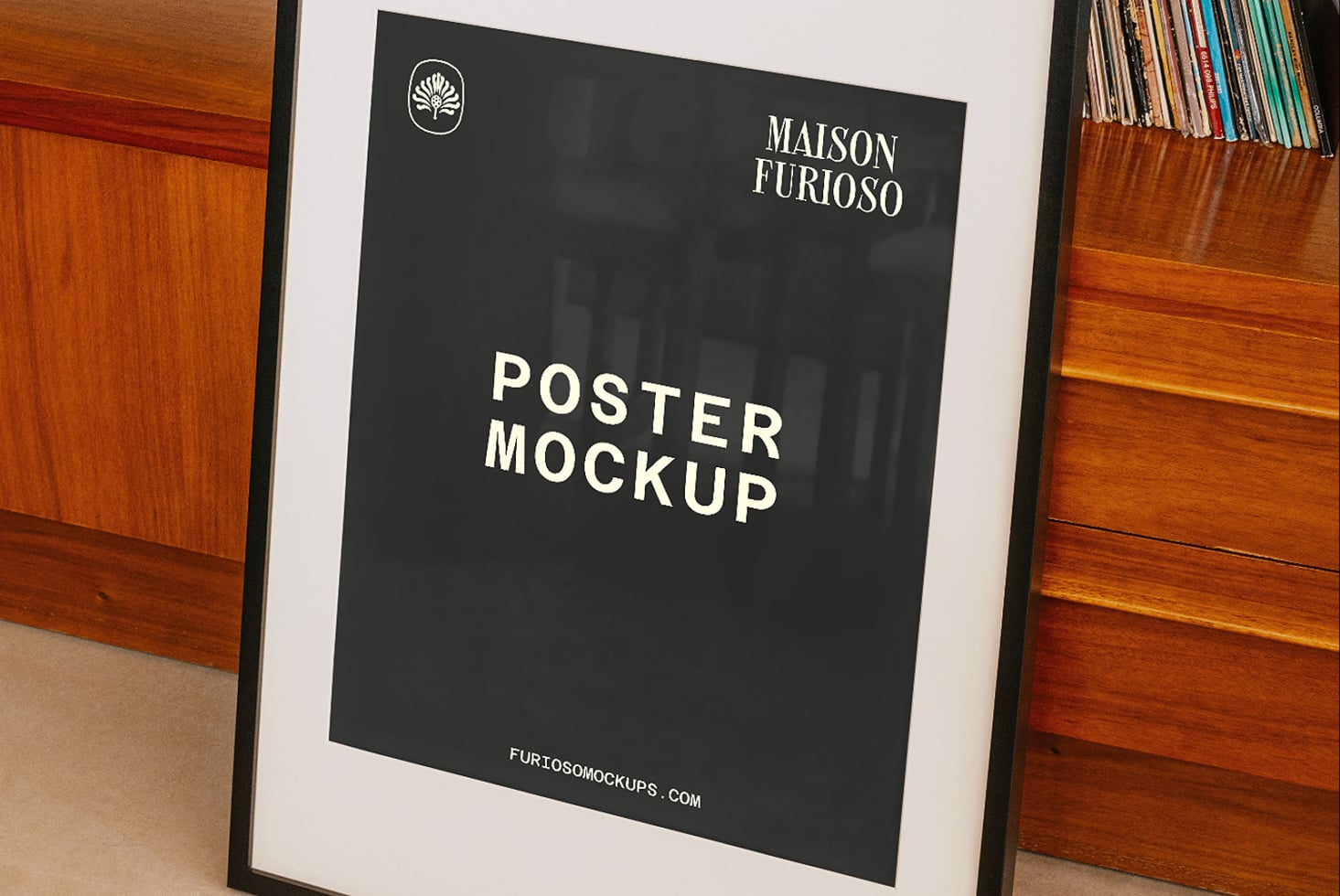 Black poster in wood frame between vintage filing cabinets showing elegant branding layout