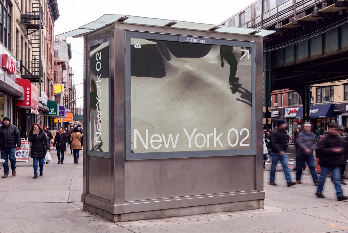 Street billboard mockup displaying skateboarding campaign in busy NYC urban setting with foot traffic