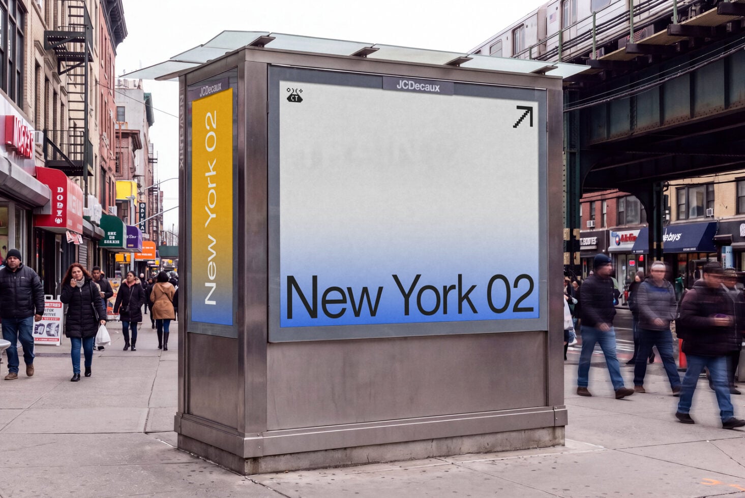 Street billboard mockup showing New York 02 branding on busy urban sidewalk with pedestrians