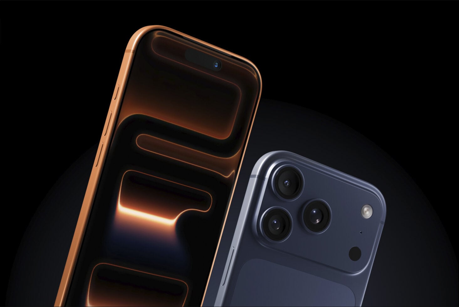 Gold iPhone with glowing neon lines next to dark blue phone with triple camera setup