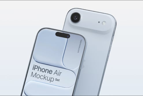 iPhone Air mockup set showing front, back views in light blue with clean camera details