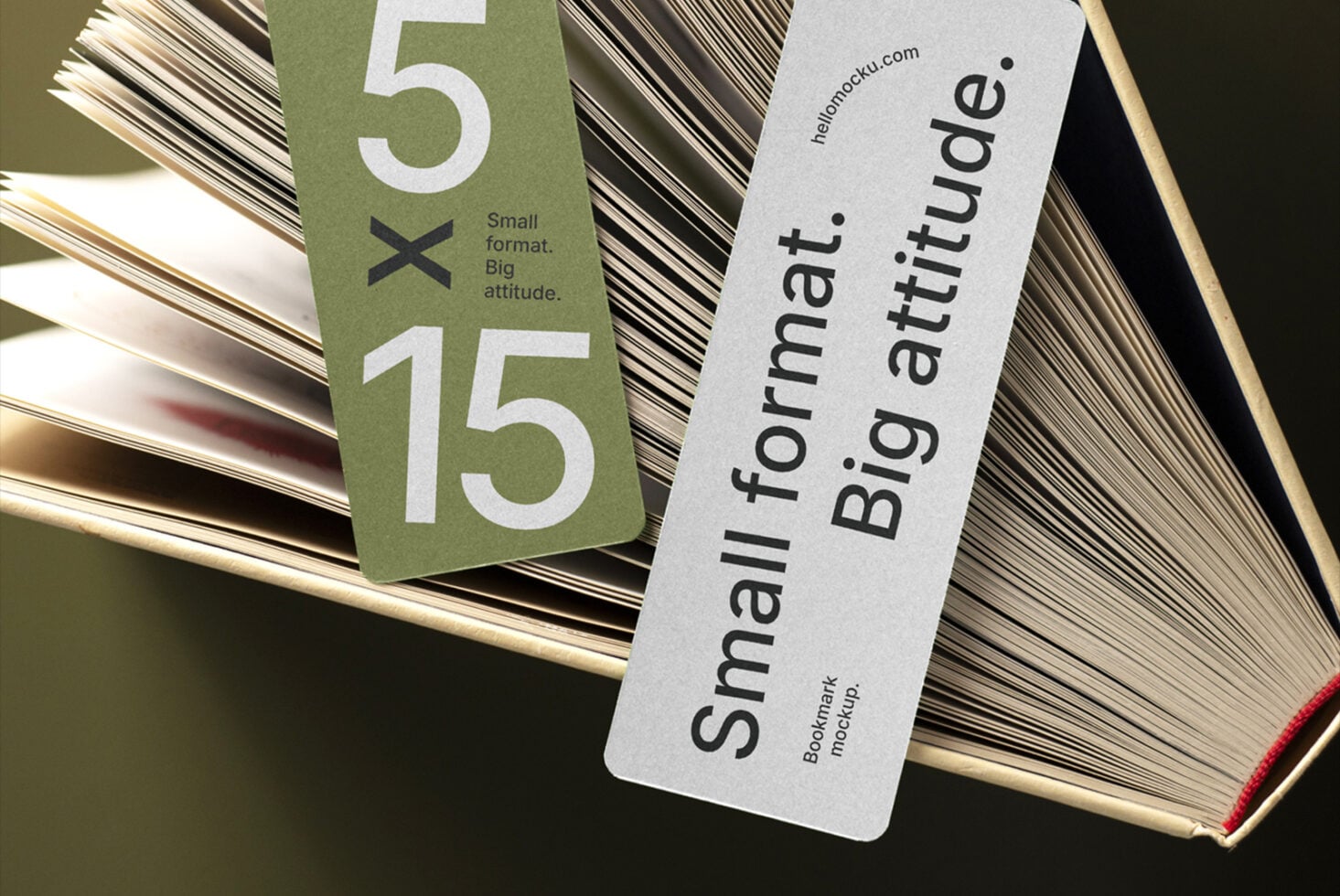 Small format bookmark mockup with open book, gold edging, green tab showing 5x15 dimensions