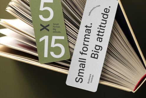 Small format bookmark mockup with open book, gold edging, green tab showing 5x15 dimensions