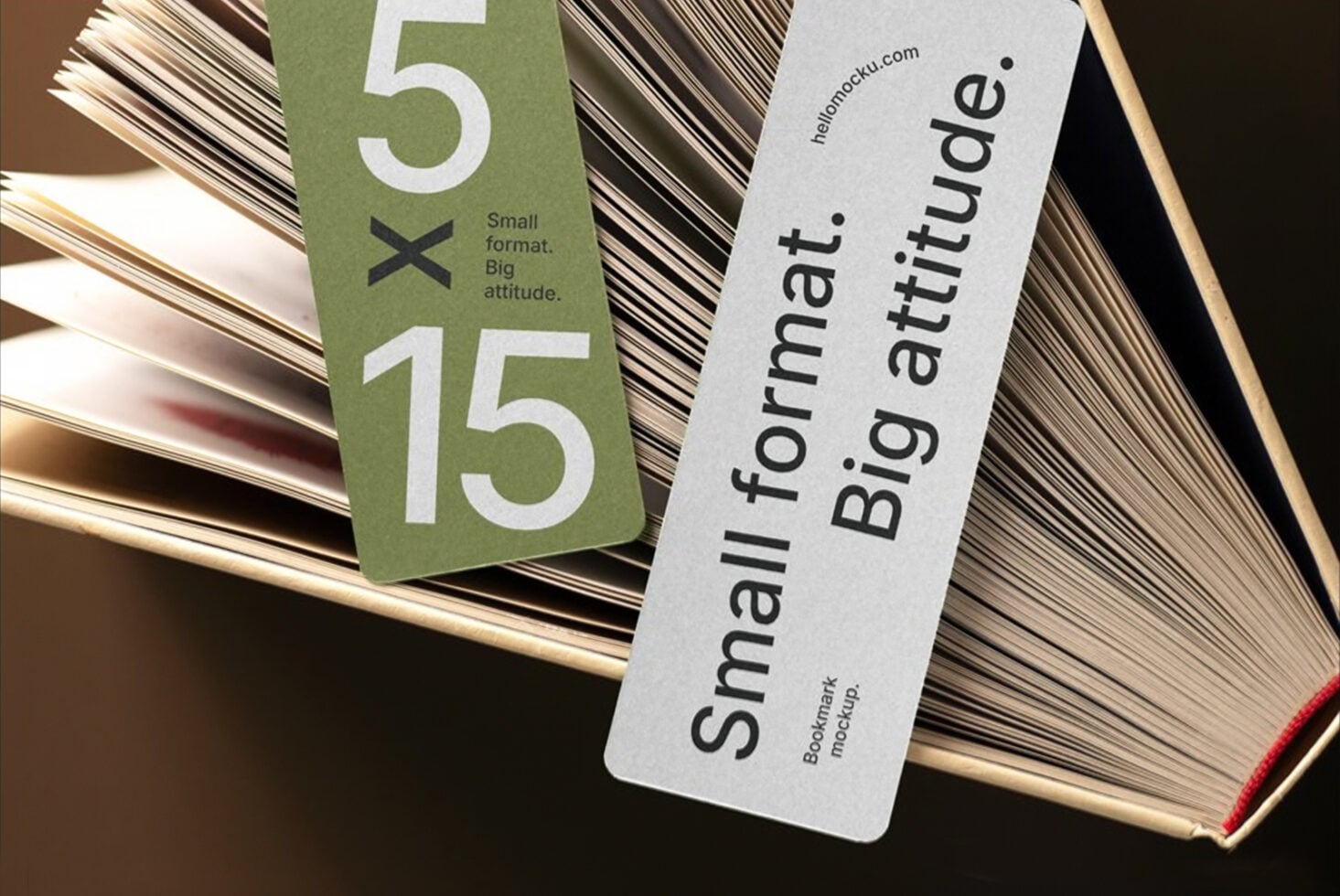 Bookmark mockup with green label showing 5x15 dimensions on open book pages