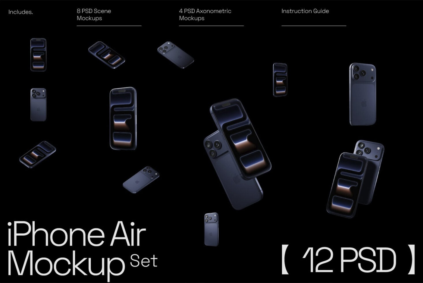 iPhone Air mockup set showing 12 PSD files with multiple device angles, orientations, plus isometric views
