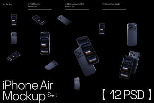 iPhone Air mockup set showing 12 PSD files with multiple device angles, orientations, plus isometric views