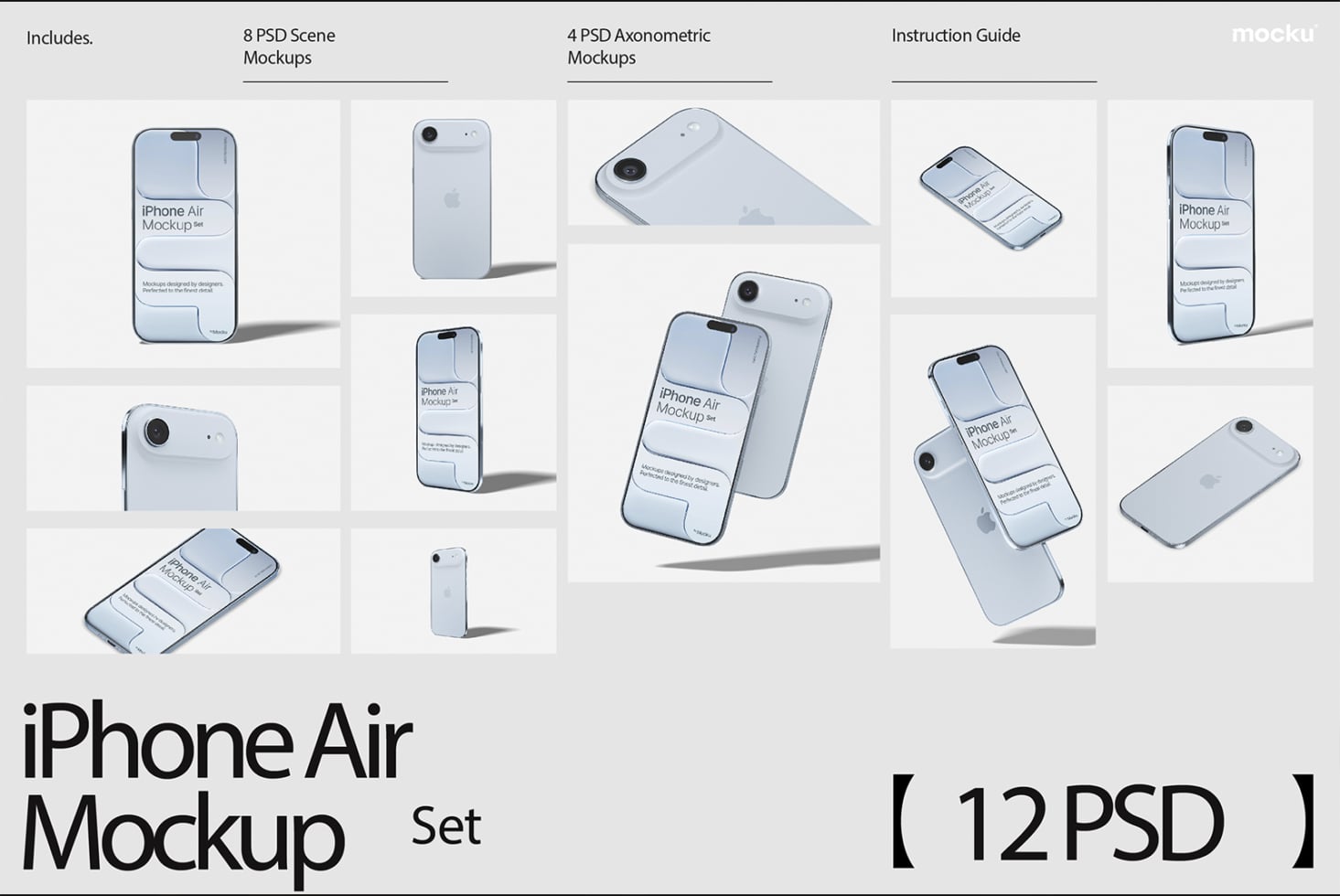 iPhone Air mockup set showing 12 PSD files with scene, isometric, plus instruction guide included