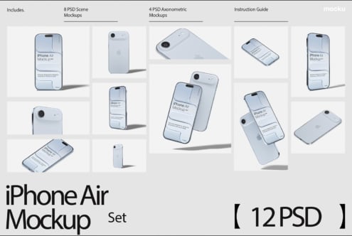 iPhone Air mockup set showing 12 PSD files with scene, isometric, plus instruction guide included