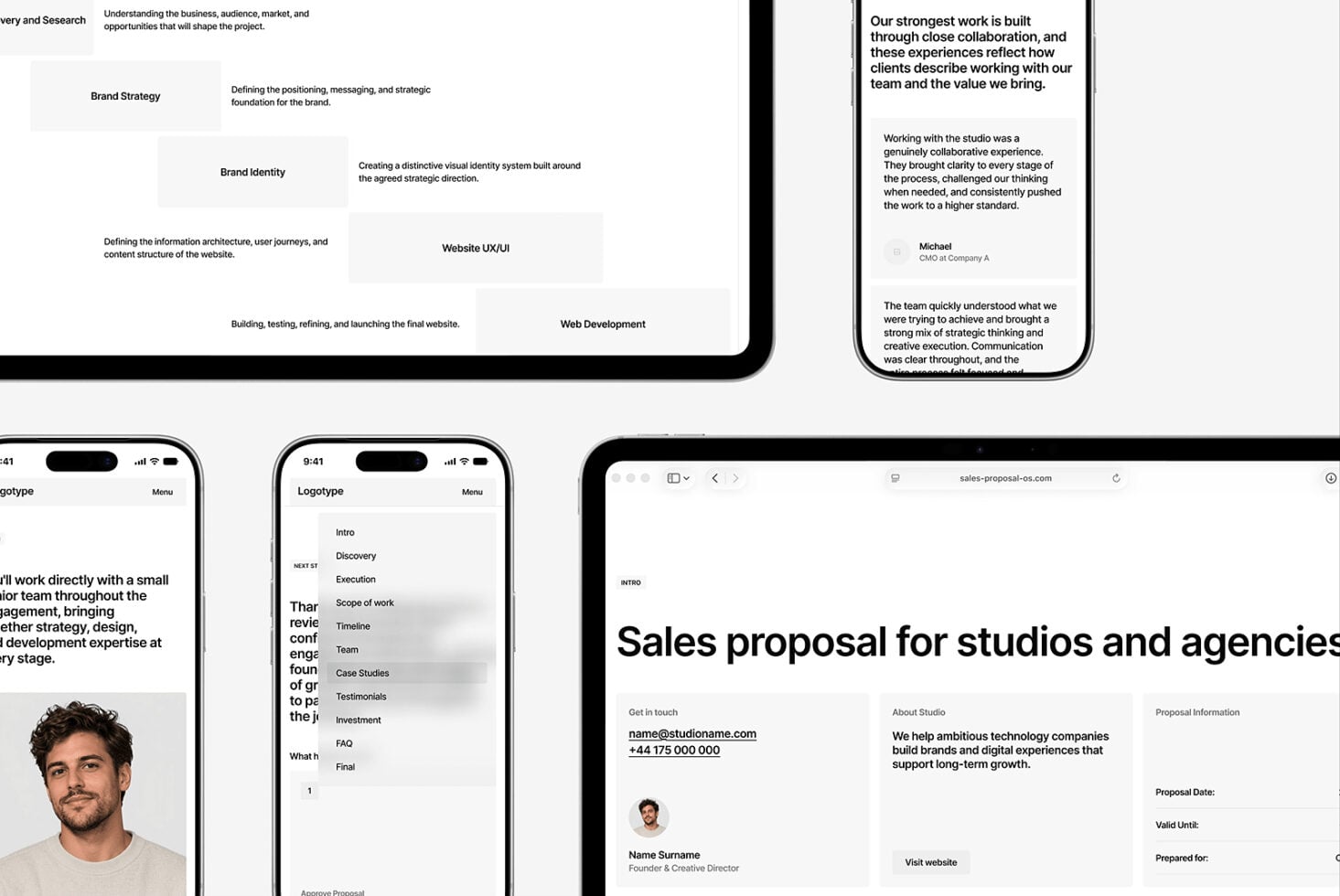 Sales proposal mockup showing desktop, tablet, mobile screens with case study layout