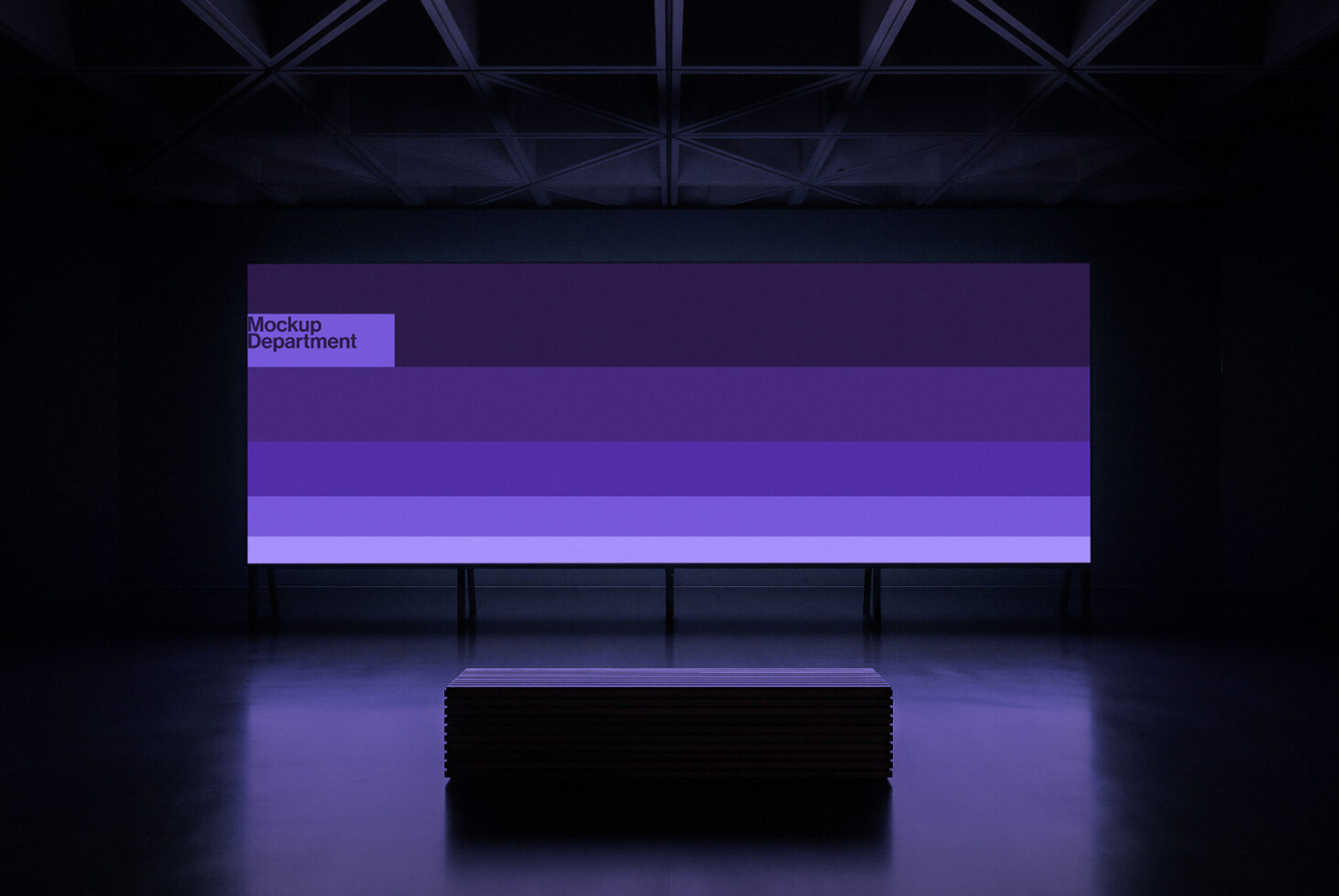 Purple gradient billboard mockup in modern warehouse with industrial ceiling