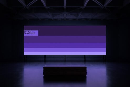Purple gradient billboard mockup in modern warehouse with industrial ceiling