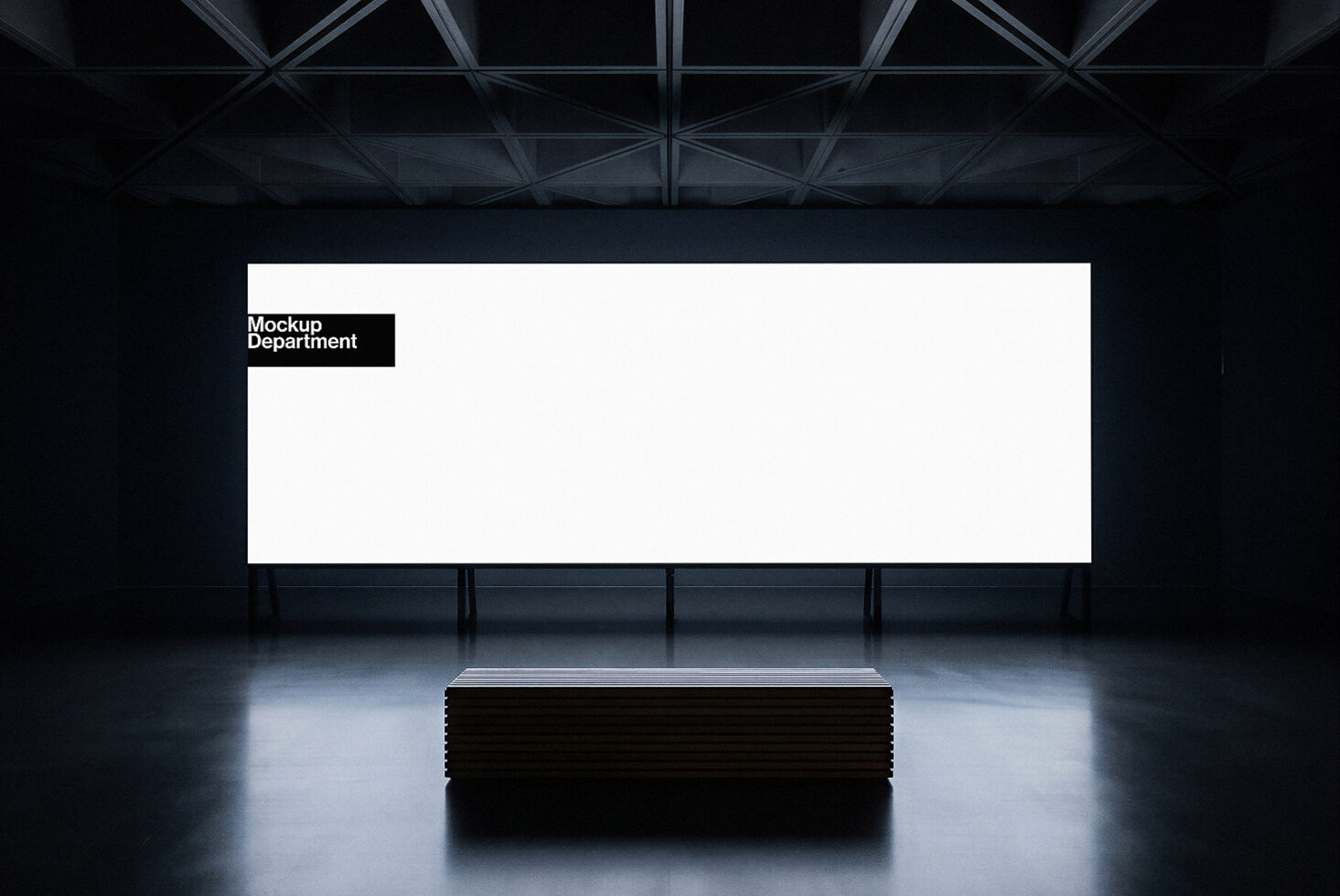 Large billboard mockup in dark industrial space with concrete podium below