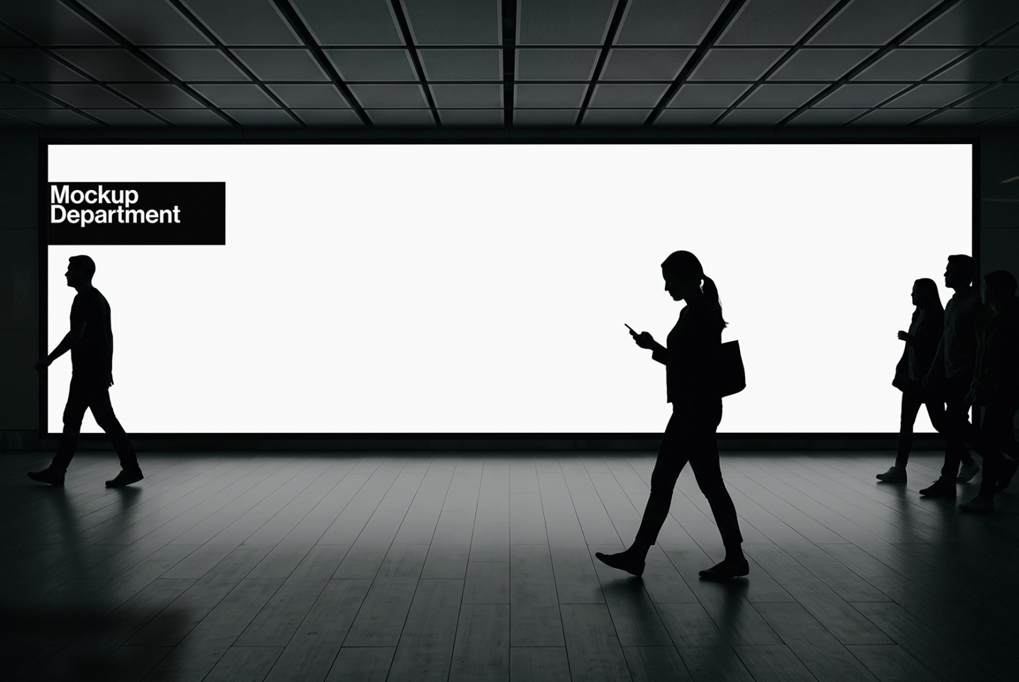 Modern office lobby silhouettes with blank billboard mockup for branding