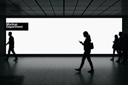 Modern office lobby silhouettes with blank billboard mockup for branding