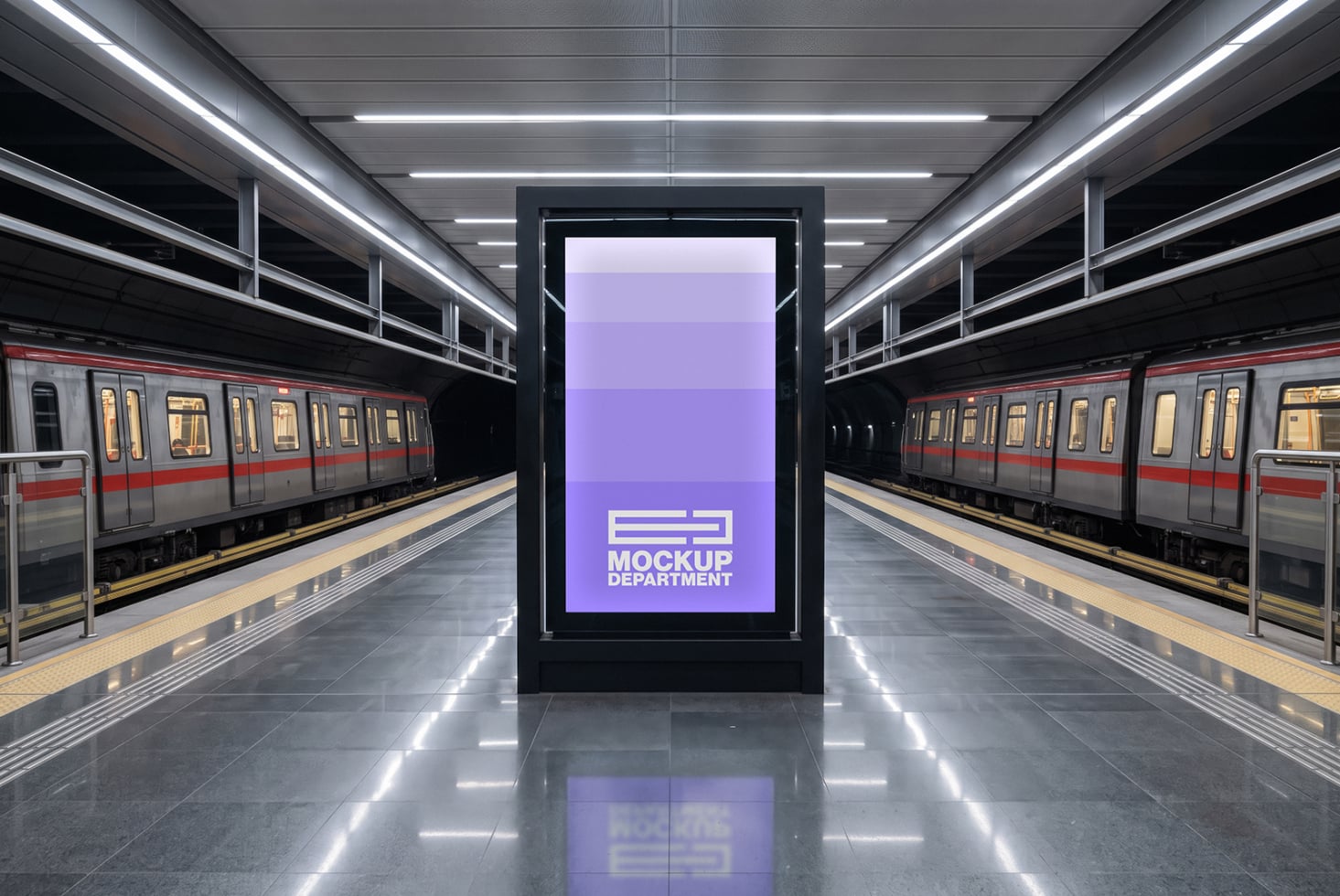 Subway station billboard mockup with purple gradient screen between two trains