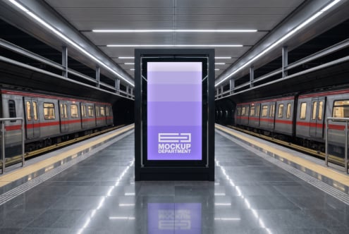 Subway station billboard mockup with purple gradient screen between two trains