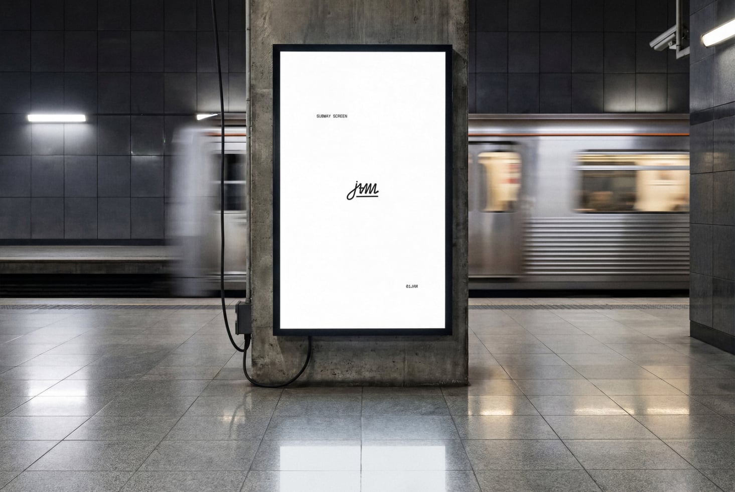 Subway station display screen mockup with train passing by in background