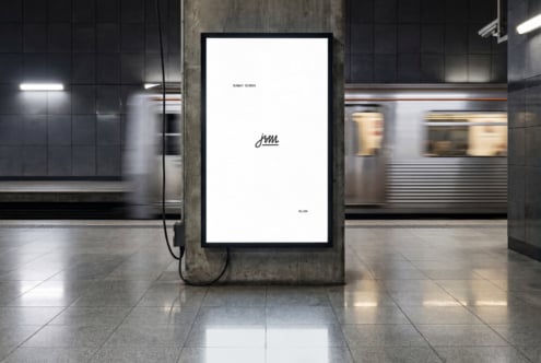 Subway station display screen mockup with train passing by in background