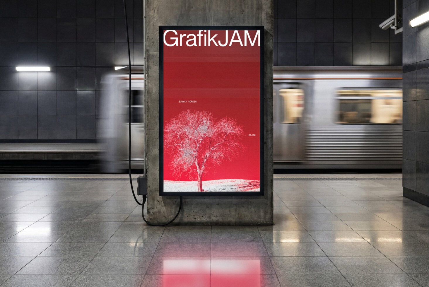 Subway station billboard mockup with red poster featuring bare tree design