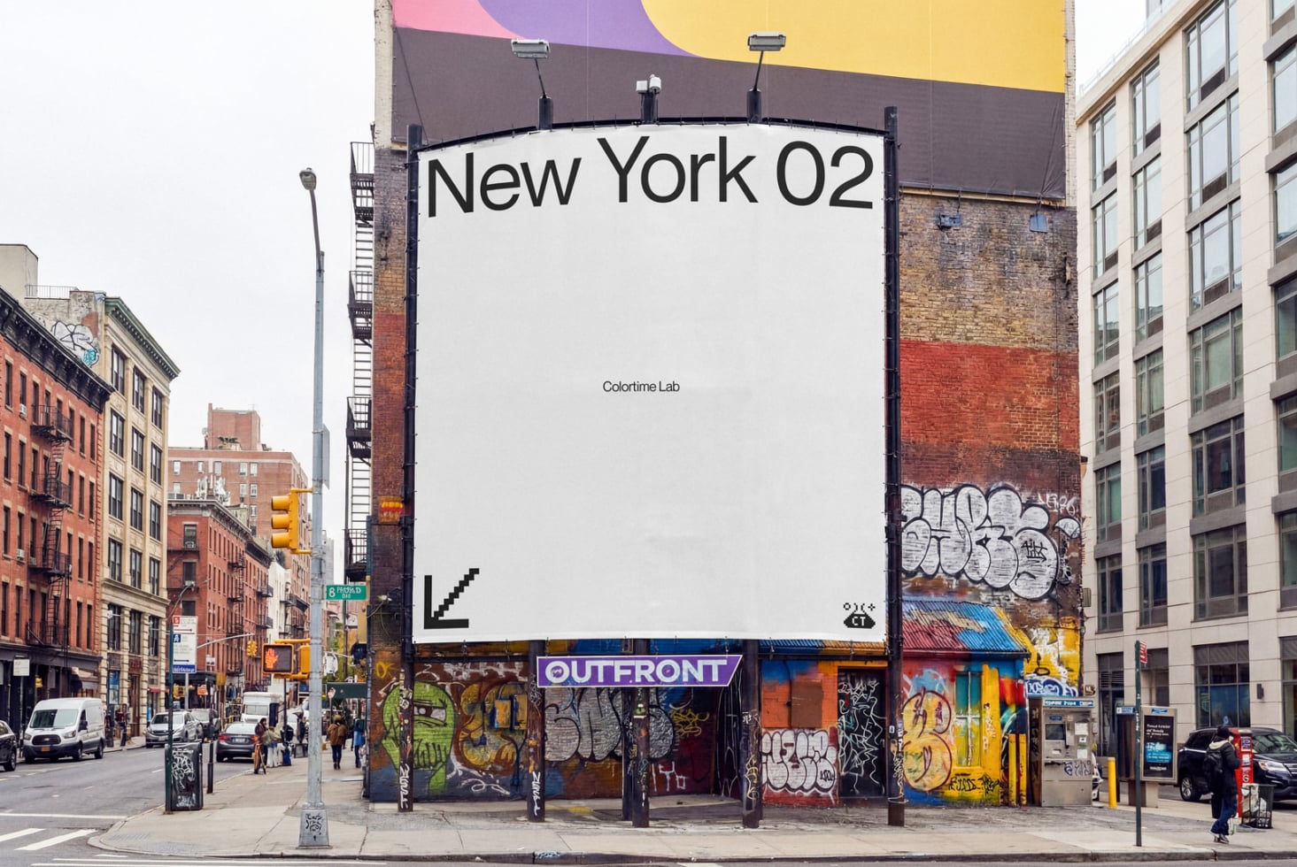 Large billboard mockup on NYC street with colorful awning, brick buildings, graffiti below, clean white space for text overlay