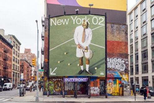 Large urban billboard mockup showing tennis player in white outfit on green court with colorful pastel sky