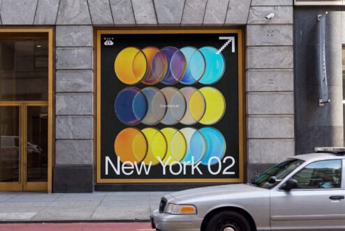 Colortime Lab storefront display with gradient color circles on black background, New York street scene mockup