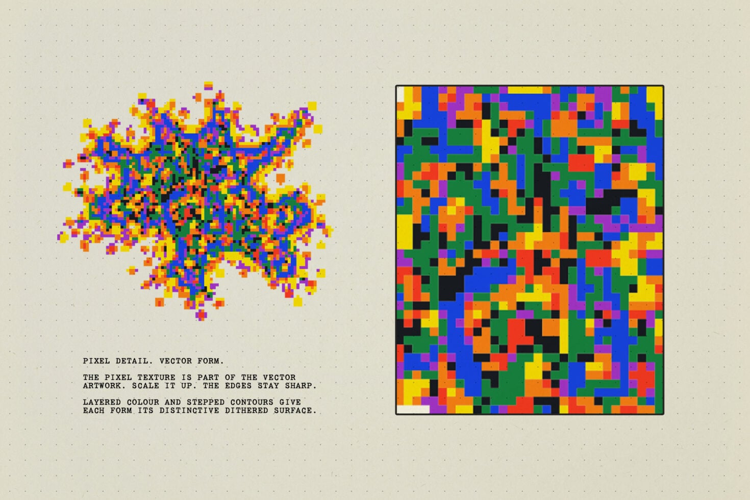 Colorful pixelated vector graphics with scattered blocks in neon colors on cream background