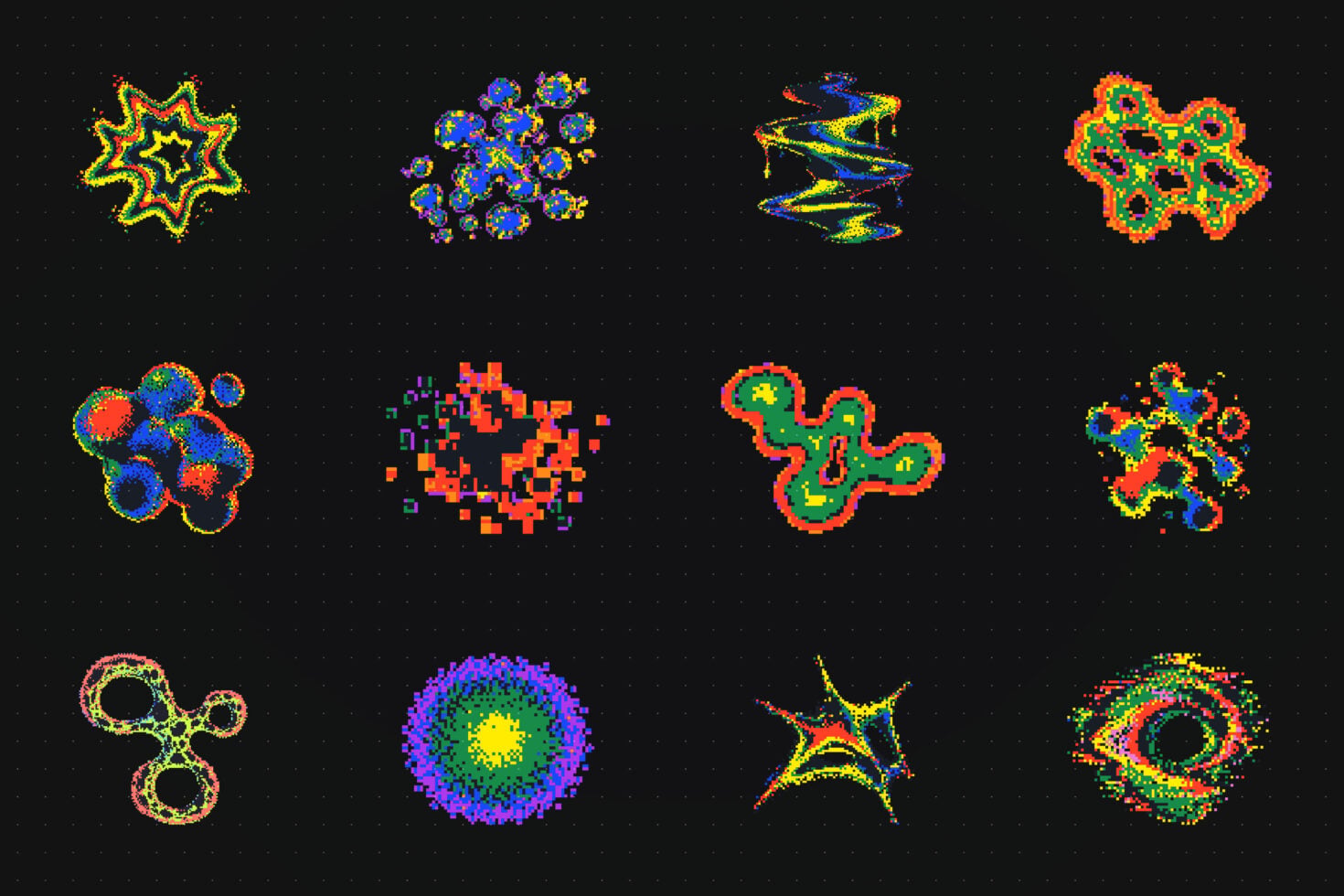Neon pixel art shapes in bright colors against black background