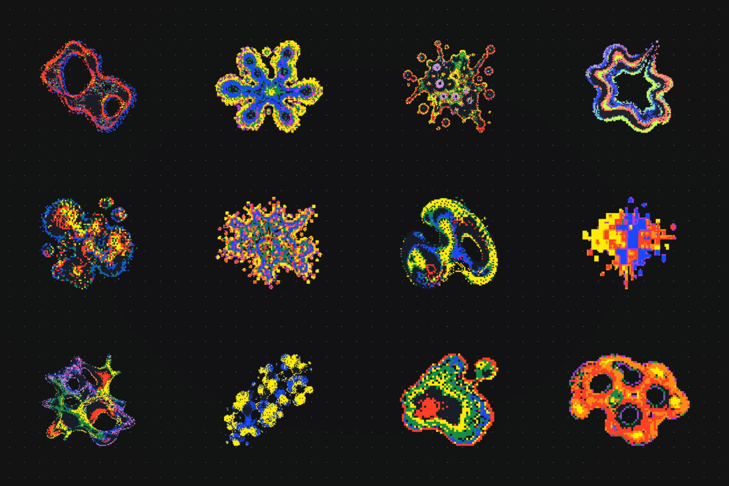 Neon pixelated abstract shapes in rainbow colors scattered on black background