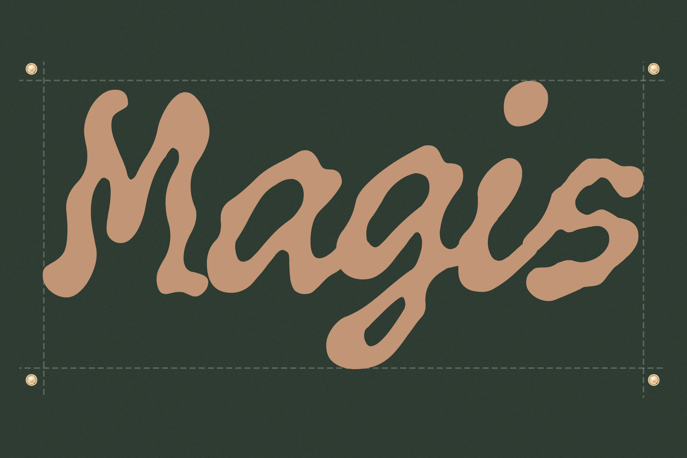 Wavy hand-lettered "Hugs" text in peachy tan on dark green background with mockup guides