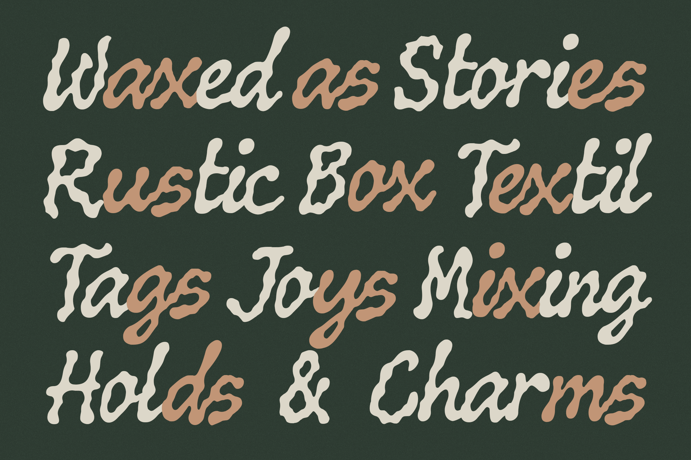 Wavy script font with organic letterforms in cream with terracotta accents on sage green