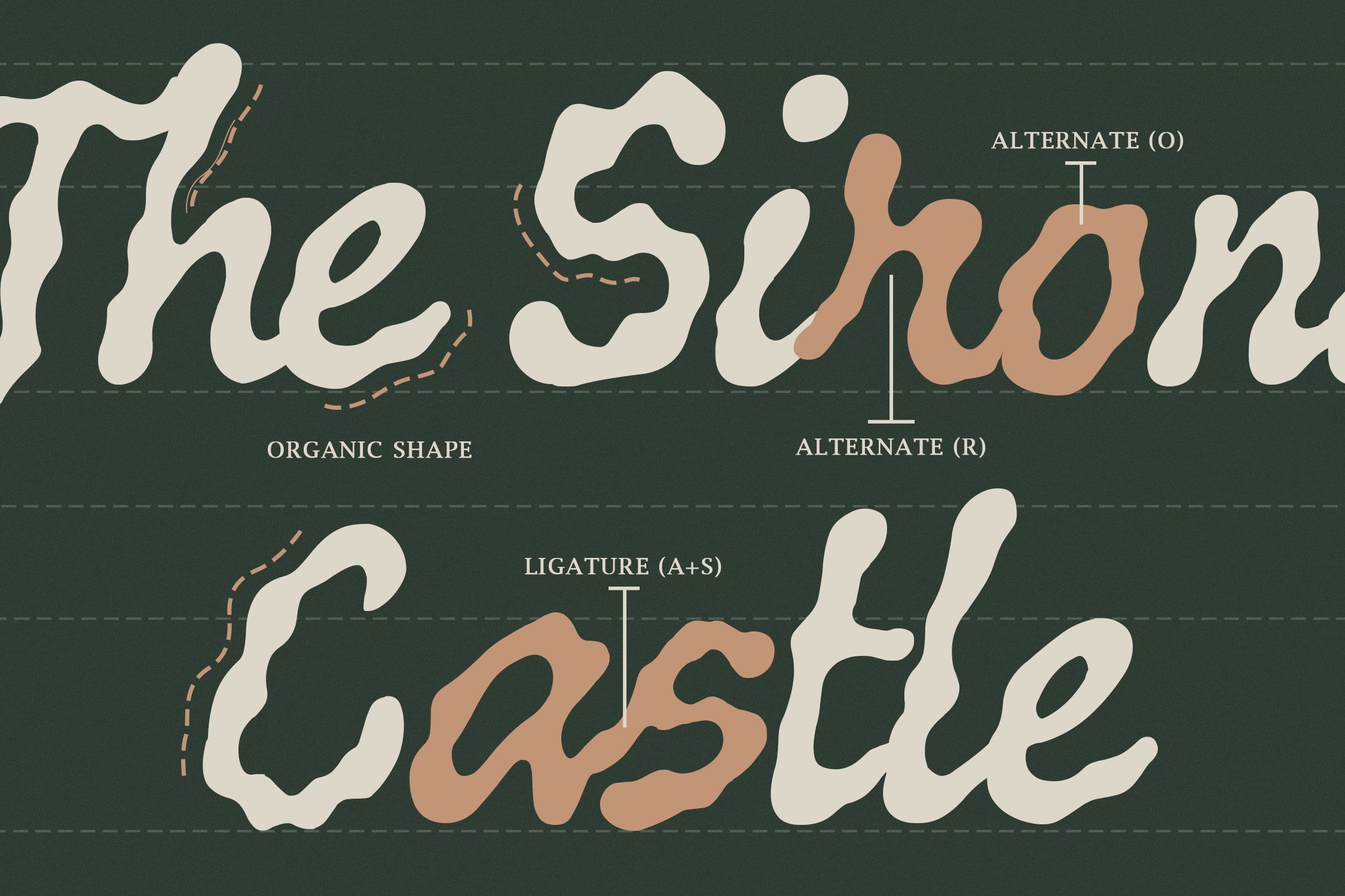 Wavy serif font with organic letterforms, alternate characters, ligatures shown on dark green background