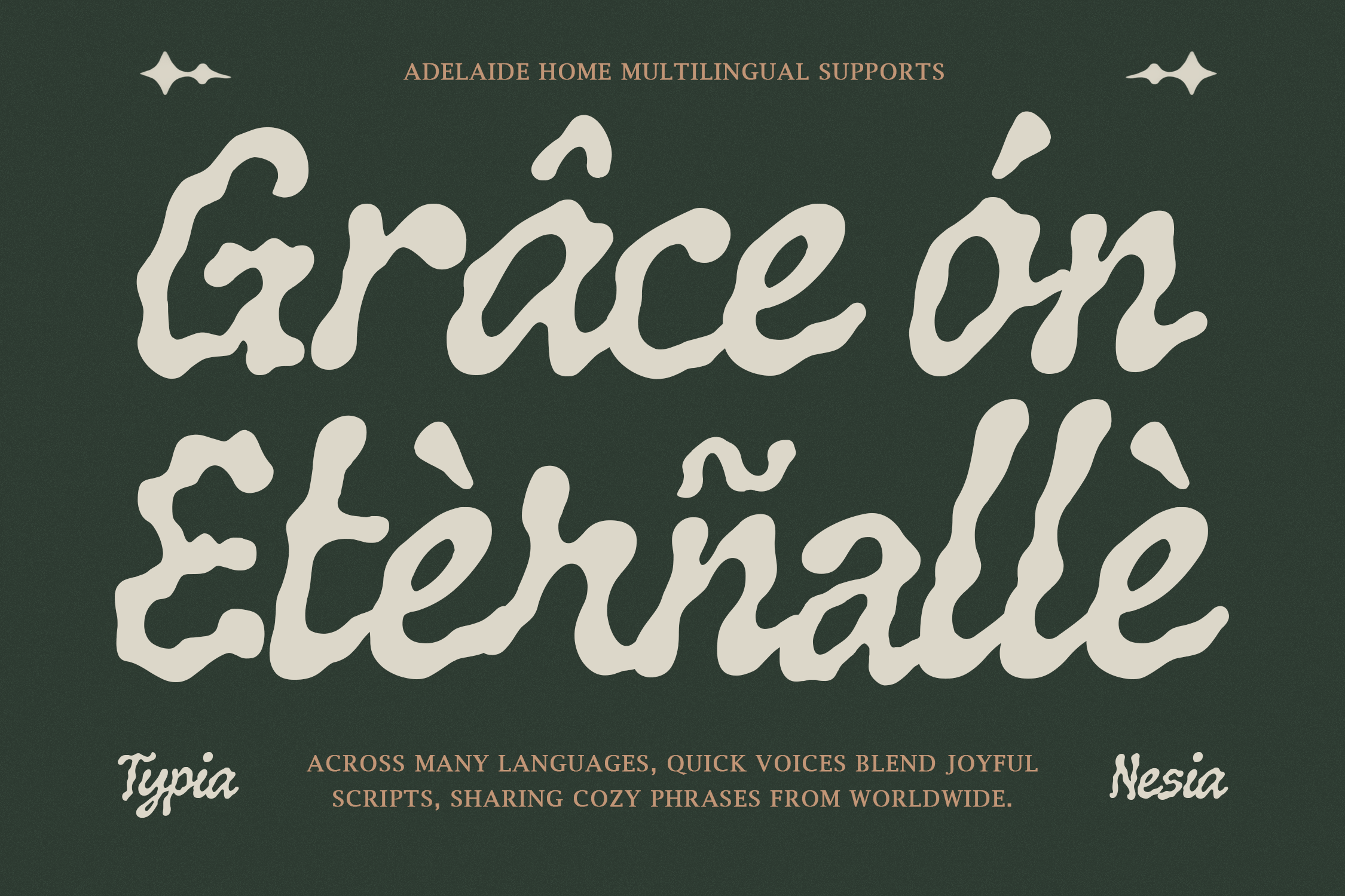 Grace On Échomalle multilingual type specimen with cream lettering on sage green background