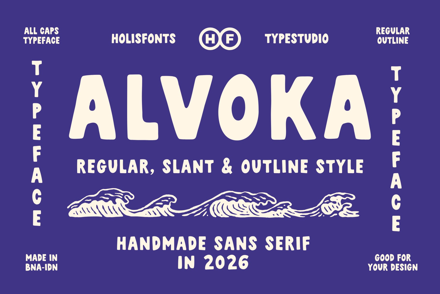Alvoka bold sans serif font in regular, slant, outline on purple with wave graphic detail