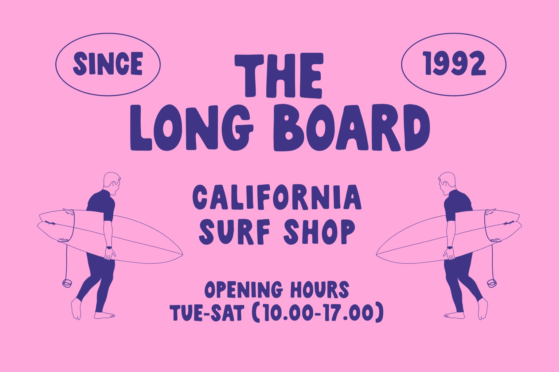 Retro surf shop poster with pink background, navy text, two surfers holding boards on sides