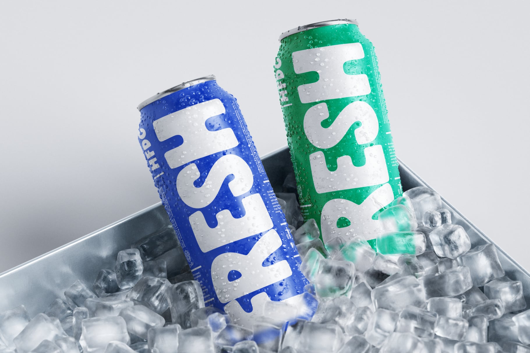 Blue, green soda cans with condensation sitting in ice bucket mockup