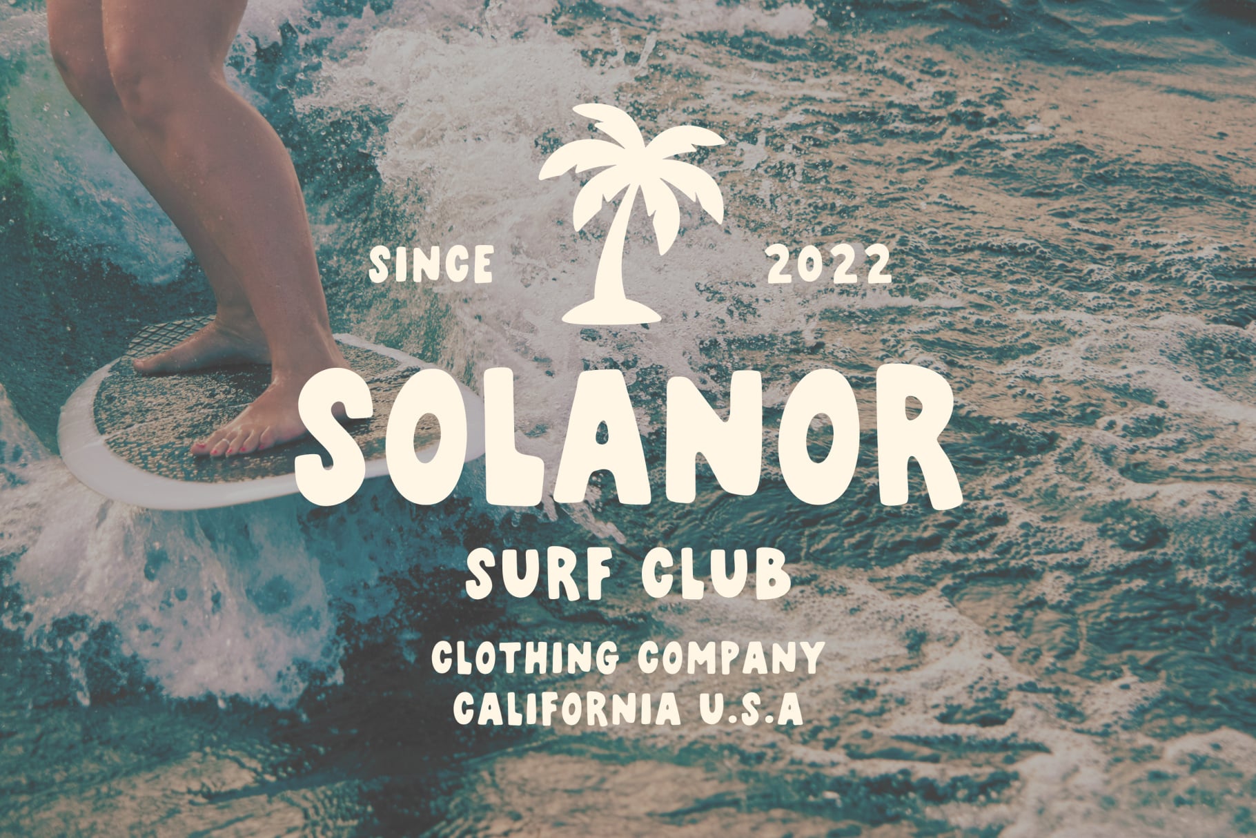 Retro beach vibes with surfboard mockup overlaid on ocean waves, bare feet in shallow water