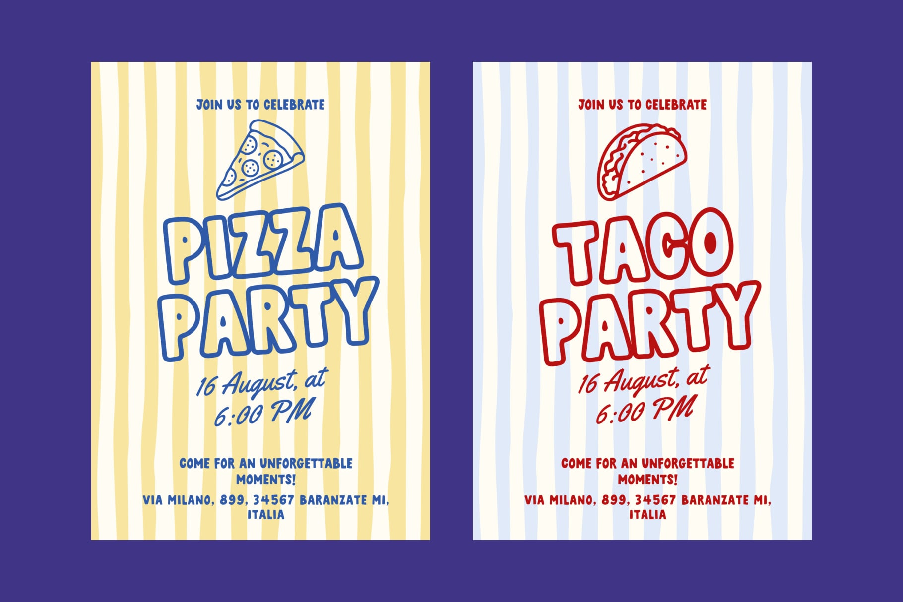 Retro party flyers with pizza or taco graphics, striped backgrounds, event details in bold typography