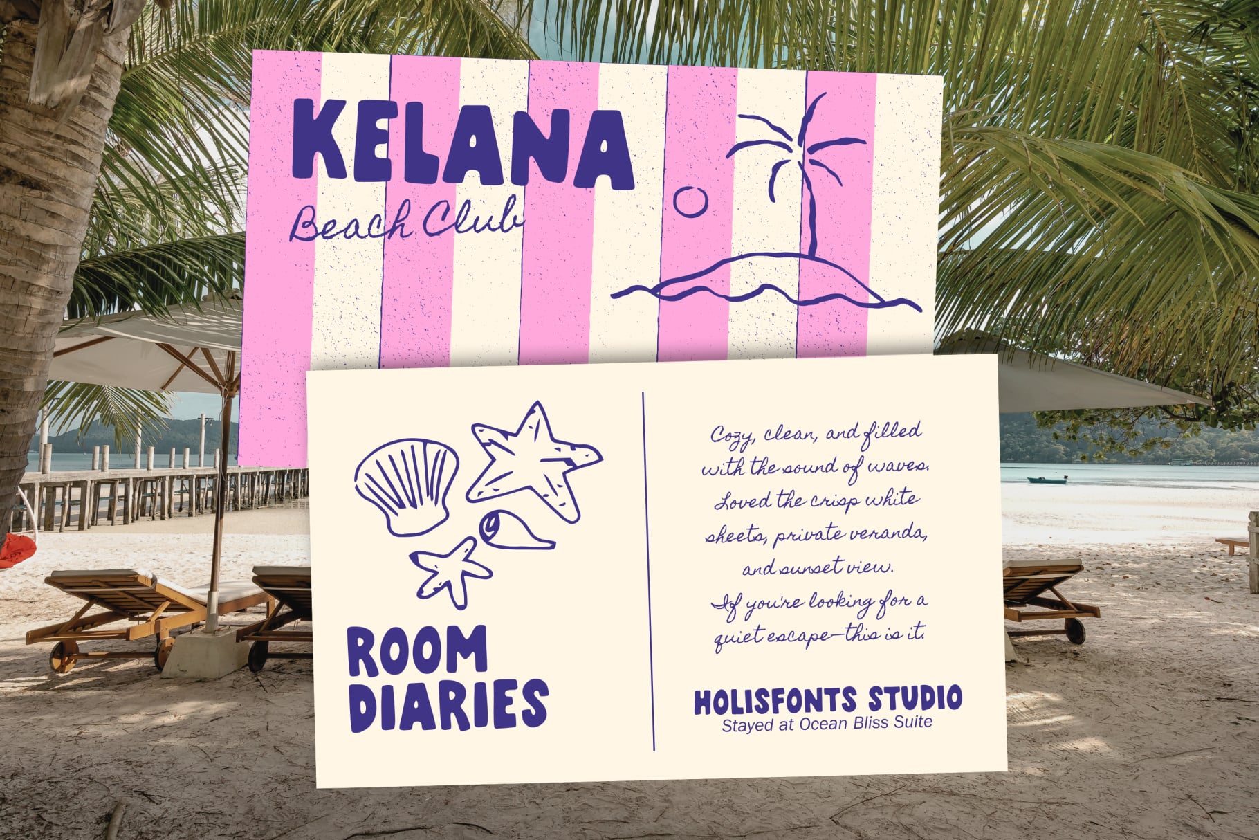 Kelana Beach Club mockup with pink striped design, palm tree illustration, shell doodles, plus resort copy