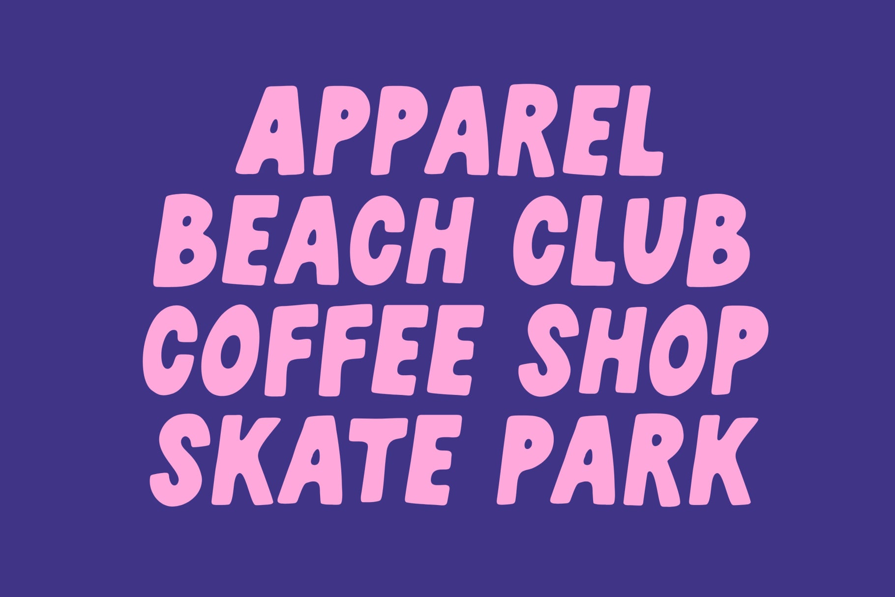 Bold pink 3D text listing apparel, beach club, coffee shop, skate park on deep purple background