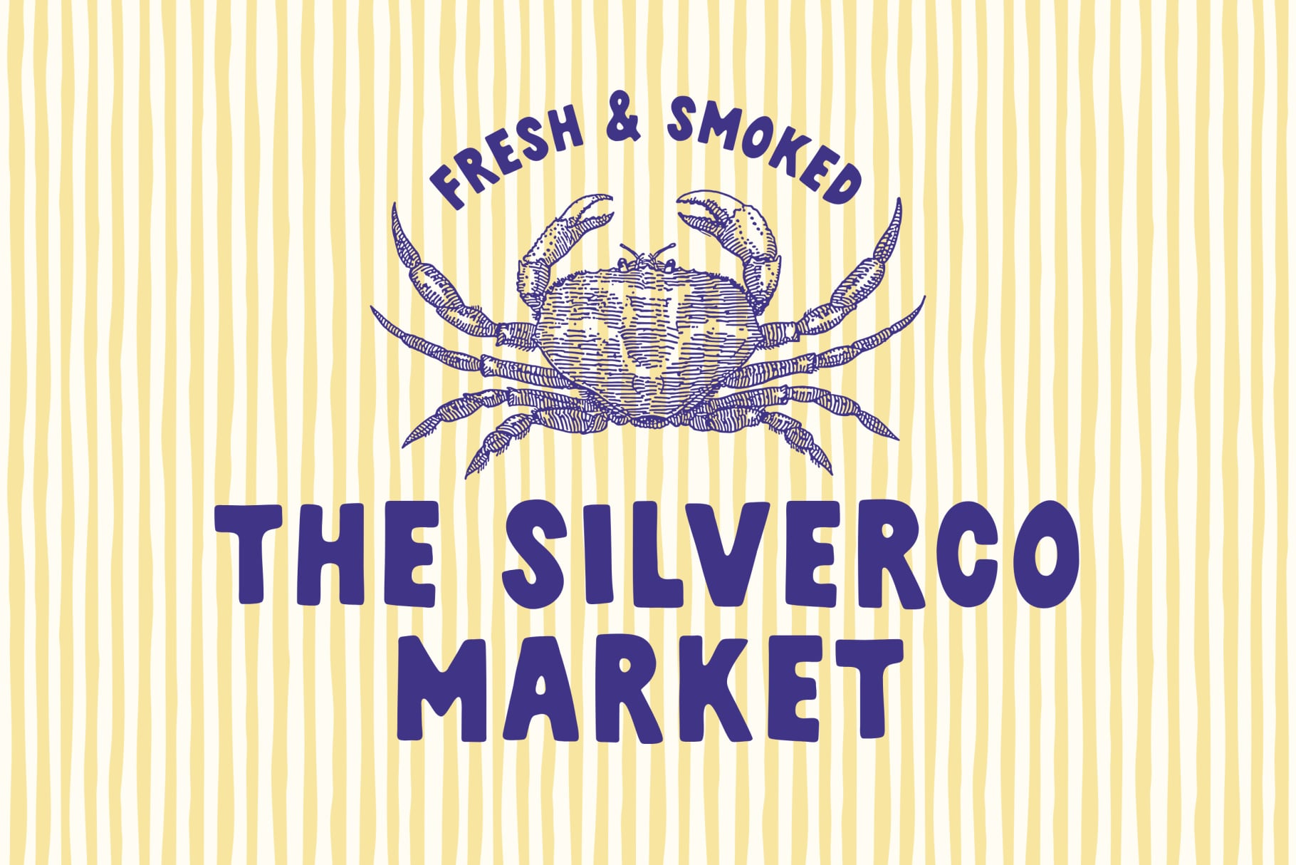 Vintage crab logo with "Fresh & Smoked" text on yellow striped background