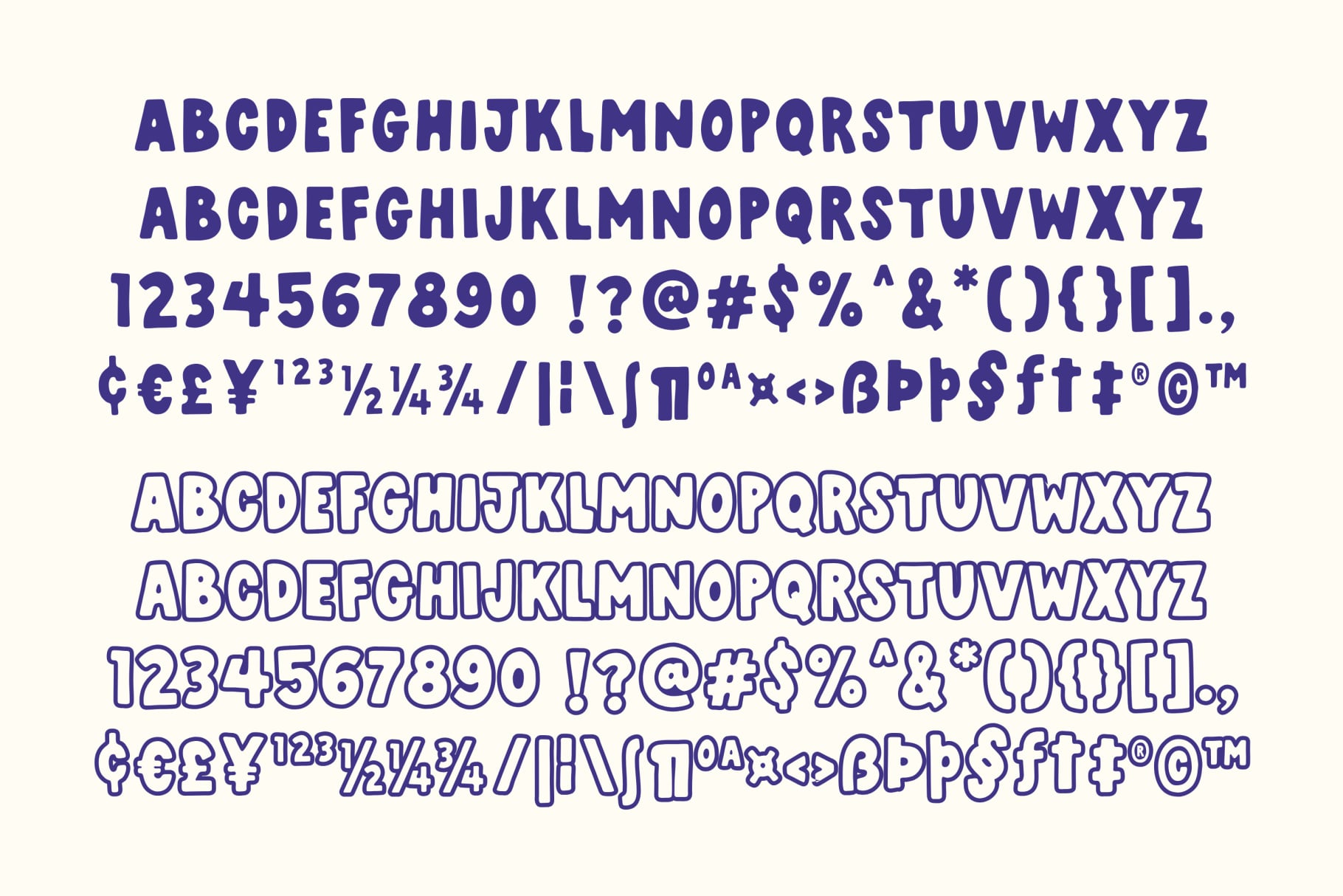 Bold navy typeface showing solid, outline, full character set with numbers, symbols, currency signs