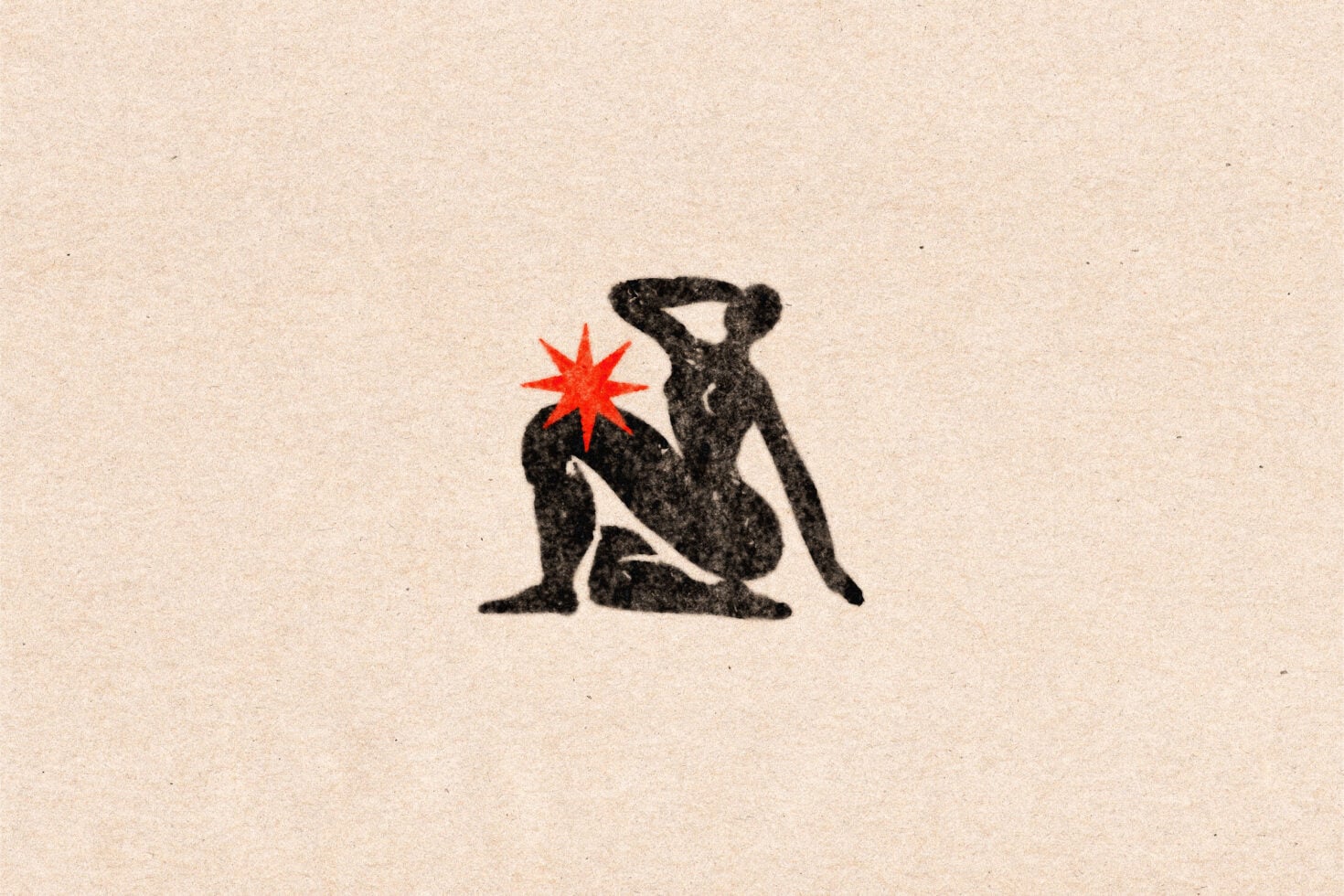 Silhouette of seated figure with red starburst replacing head on kraft paper texture