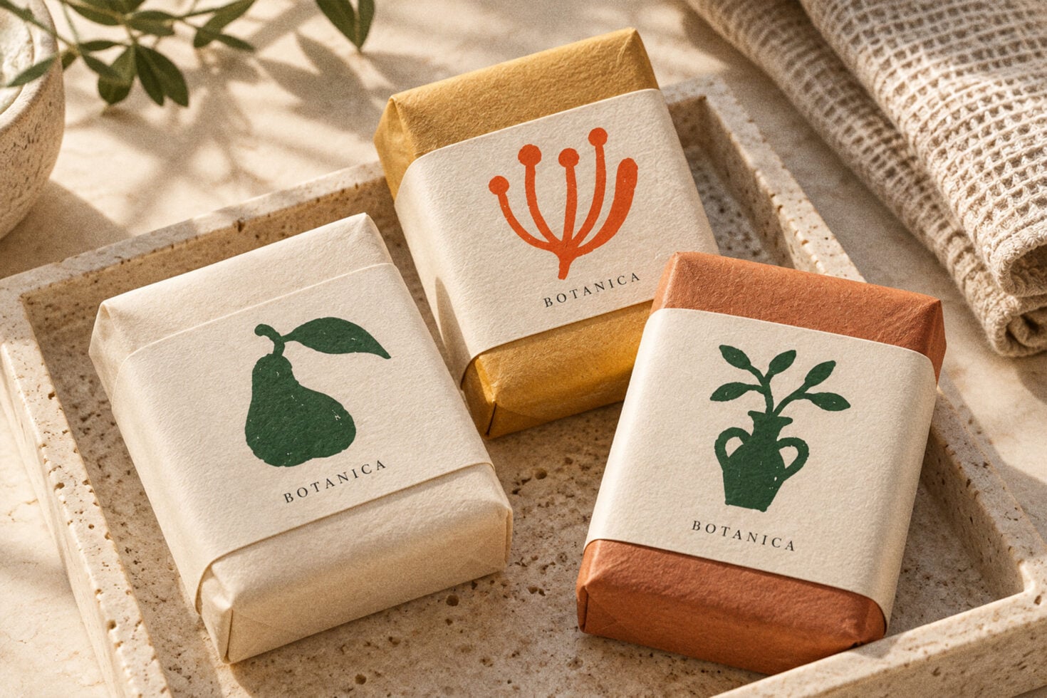 Botanica soap packaging mockup with pear, plant, flower illustrations in terracotta tones