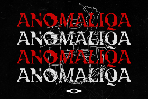 Bold red white alternating text with sketchy line art figures overlaid on dark background