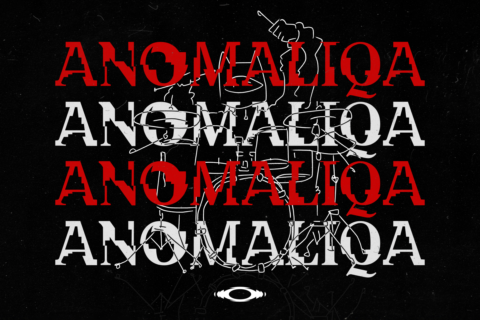 Bold red white alternating text with sketchy line art figures overlaid on dark background