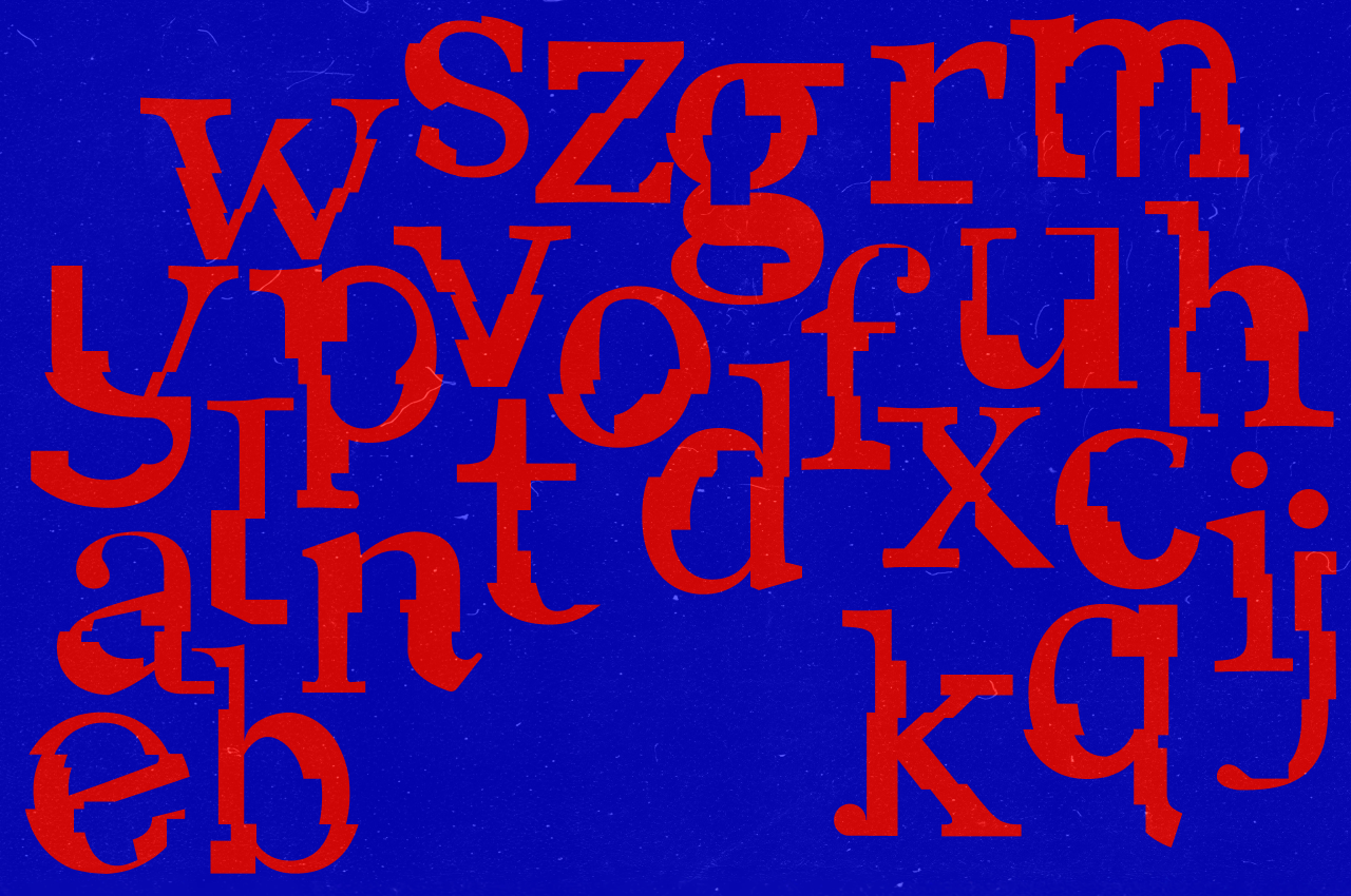 Bold red serif letters scattered on deep blue background with grainy texture