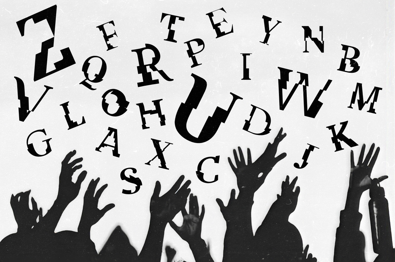 Scattered black letters with silhouetted hands reaching up from bottom, chaotic typography composition