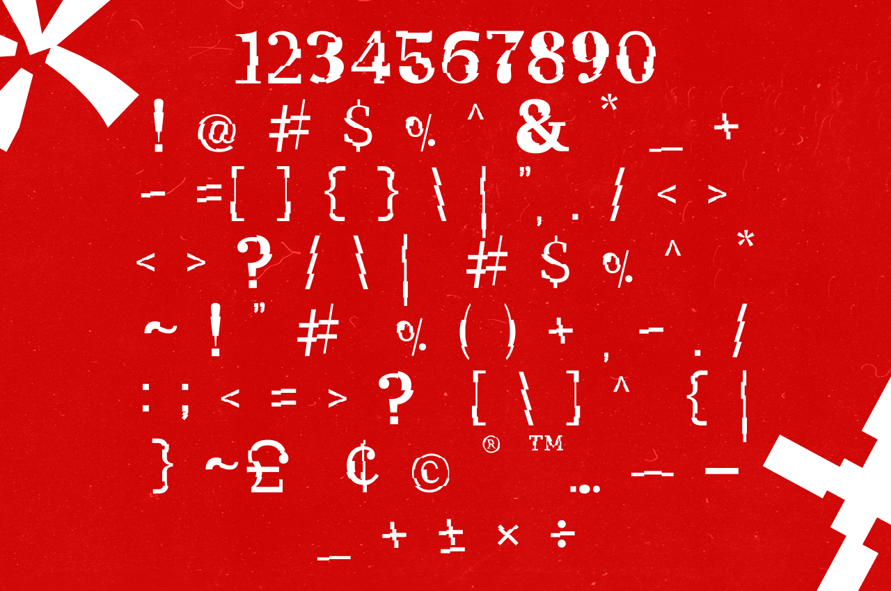 Bold red background with white serif font showing numbers, punctuation marks, currency symbols, brackets, mathematical operators