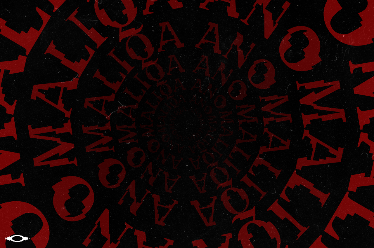 Red letters scattered across black background with gritty texture overlay